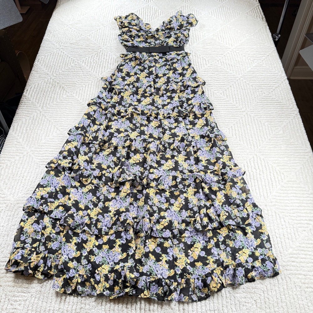 The Vintage Shop Floral Tiered Maxi Dress Women's Small Black Ruffle Boho Party - Picture 1 of 13